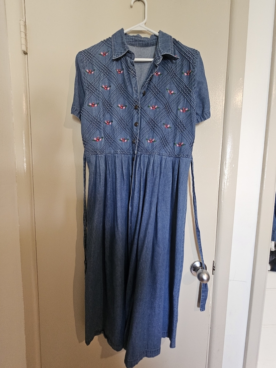 None Dresses & Skirts - Blue Denim Midi Dress with Embroidered Detail
